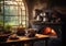 Traditional interior of old village kitchen in historic country house. Generative AI