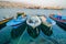 Traditional iranian blue boats moored in harbour