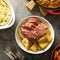 Traditional Irish dinner with corned beef and colcannon