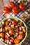 Traditional Italian panzanella salad closeup. vertical top view