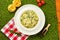 Traditional italian Pasta tagliatelli with spinach, hard parmesan cheese and cream sauce