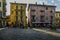 Traditional Italian piazza with a public water fountain outside the Basilica of San Giacomo in Bellagio, Lake Como