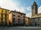 Traditional Italian piazza with a public water fountain outside the Basilica of San Giacomo fin Bellagio, Lake Como