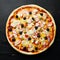 Traditional Italian pizza with crab sticks and olives.