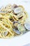 Traditional Italian seafood, spaghetti vongole made with seashells and linguini pasta