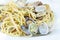 Traditional Italian seafood, spaghetti vongole made with seashells and linguini pasta