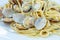 Traditional Italian seafood, spaghetti vongole made with seashells and linguini pasta