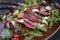 Traditional Italian tagliata beef steak with parmesan and lettuce on a rustic plate