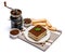 Traditional Italian Tiramisu dessert square portion on ceramic plate, coffee mill grinder and savoiardi cookies a