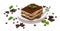 Traditional Italian Tiramisu square dessert portion on ceramic plate, pieces of chocolate bar and coffee beans isolated