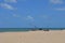 Traditional jangada fishing boat parked at white sandy beach, Cumbuco, Brazil