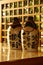 Traditional japanese clay bottles on a table with natural lighting