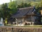 Traditional Japanese countryside street with temple building