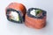 traditional Japanese cuisine. japanese sushi isolated on white background. maki sushi with salmon tomato soft cheese (