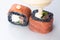 traditional Japanese cuisine. japanese sushi isolated on white background. maki sushi with salmon tomato soft cheese (