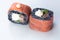 traditional Japanese cuisine. japanese sushi isolated on white background. maki sushi with salmon tomato soft cheese (