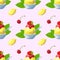 Traditional Japanese dessert kakigori. Ice chips with cherry, green tea, mint and lemon syrup. Vector flat seamless pattern