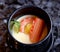 Traditional Japanese food . Chinese Steam egg with shrimp and vegetable in Japanese style