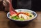 Traditional Japanese Food, Hot Ramen Noodle in Miso Broth Soup with Chashu Braised Pork Belly Topping. Oriental Cuisine, Gourmet,