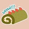 Traditional Japanese food sticker. Asian Matcha cake roll with strawberry. Vector illistration