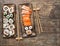 Traditional japanese food. Sushi rolls, maki, nigiri. Seafood