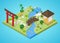 Traditional Japanese Garden with Bridge and Trees. Isometric flat 3d illustration