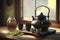 Traditional Japanese Green tea setup with beautiful lighting. Close-up details of ceramic tea pot and cups.Ai generated