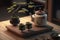 Traditional Japanese Green tea setup with beautiful lighting. Close-up details of ceramic tea pot and cups.Ai generated