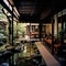 traditional Japanese house with garden, wooden furniture and pond in old Japan style. Interior of modern living room with wooden