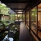 traditional Japanese house with garden, wooden furniture and pond in old Japan style. Interior of modern living room with wooden