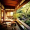 traditional Japanese house with garden, wooden furniture and pond in old Japan style. Interior of modern living room with wooden