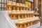 Traditional Japanese New Year Kagami mochi rice cakes lined up in the Meiji JingÅ« Shrine of Tokyo.