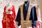 Traditional Japanese Samurai dress. Kimono costumes for man and woman on mannequins.