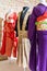 Traditional Japanese Samurai dress. Kimono costumes for man and woman on mannequins.