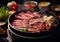 Traditional japanese shabu shabu meal with wagyu beef and vegetables on table.Macro.AI Generative