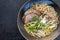 Traditional Japanese shoyu ramen soup with chashu in a bowl with copy space left