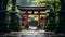 A traditional Japanese shrine, with torii gates leading to a sacred forest as the background, during a Shinto ceremony