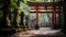 A traditional Japanese shrine, with torii gates leading to a sacred forest as the background, during a Shinto ceremony