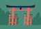 Traditional Japanese symbolic gates with roof and columns called Tori or Torii. Japan ritual religious architecture