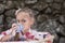 Traditional Japanese tea ceremony .European girl in kimono clothes at a tea ceremony in Japan in Kyoto