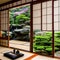 A traditional Japanese tea room with tatami mats, sliding shoji doors, and a serene rock garden1, Generative AI