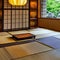 A traditional Japanese tea room with tatami mats, sliding shoji doors, and a serene rock garden3, Generative AI
