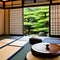 A traditional Japanese tea room with tatami mats, sliding shoji doors, and a serene rock garden4, Generative AI