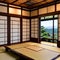 A traditional Japanese tea room with tatami mats, sliding shoji doors, and a serene rock garden5, Generative AI