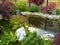Traditional Japanese water garden with plants, shrubs, rocks