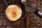 Traditional June party Brazilian dessert made of rice and condensed milk called arroz doce decorated with cinnamon in wood