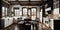 Traditional kitchen in new luxury home with hardwood floors, wood beams, large island and quartz counters. Generative AI