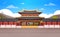 Traditional Korea Temple Over Mountains Landscape South Korean Palace Building Famous Landmark View