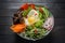 Traditional Korean dish- Bibimbap, rice with egg, beef and vegetables