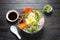 Traditional Korean dish- Bibimbap, rice with egg, beef and vegetables